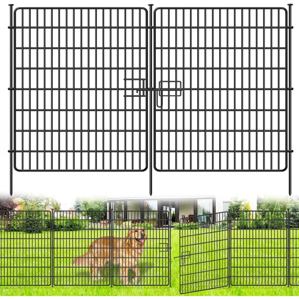15 Panels Fence with Gate, 32 in(H) X 36 ft(L) Garden Decorative Fence Animal Barrier Patio, Black