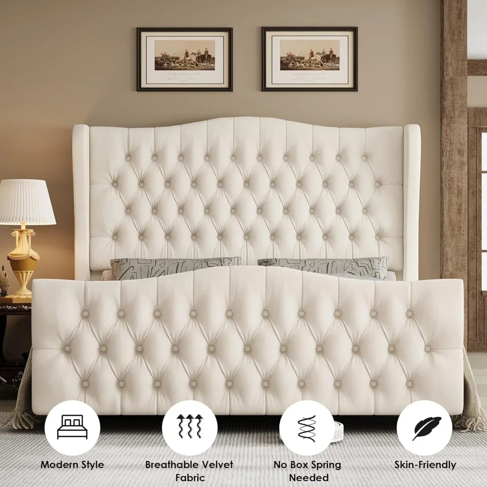 Full Size Platform Bed Frame with Tufted Wingback Headboard, Velvet Upholstered, No Box Spring Needed