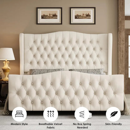 Full Size Platform Bed Frame with Tufted Wingback Headboard, Velvet Upholstered, No Box Spring Needed
