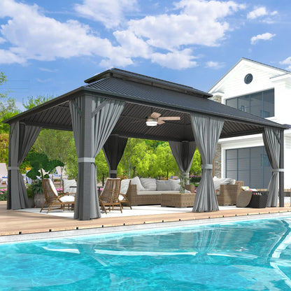 10x12~12x20FT Hardtop Gazebo Aluminum Frame Galvanized Steel Roof w/ Netting Curtain All Weather for Backyard Patio Garden