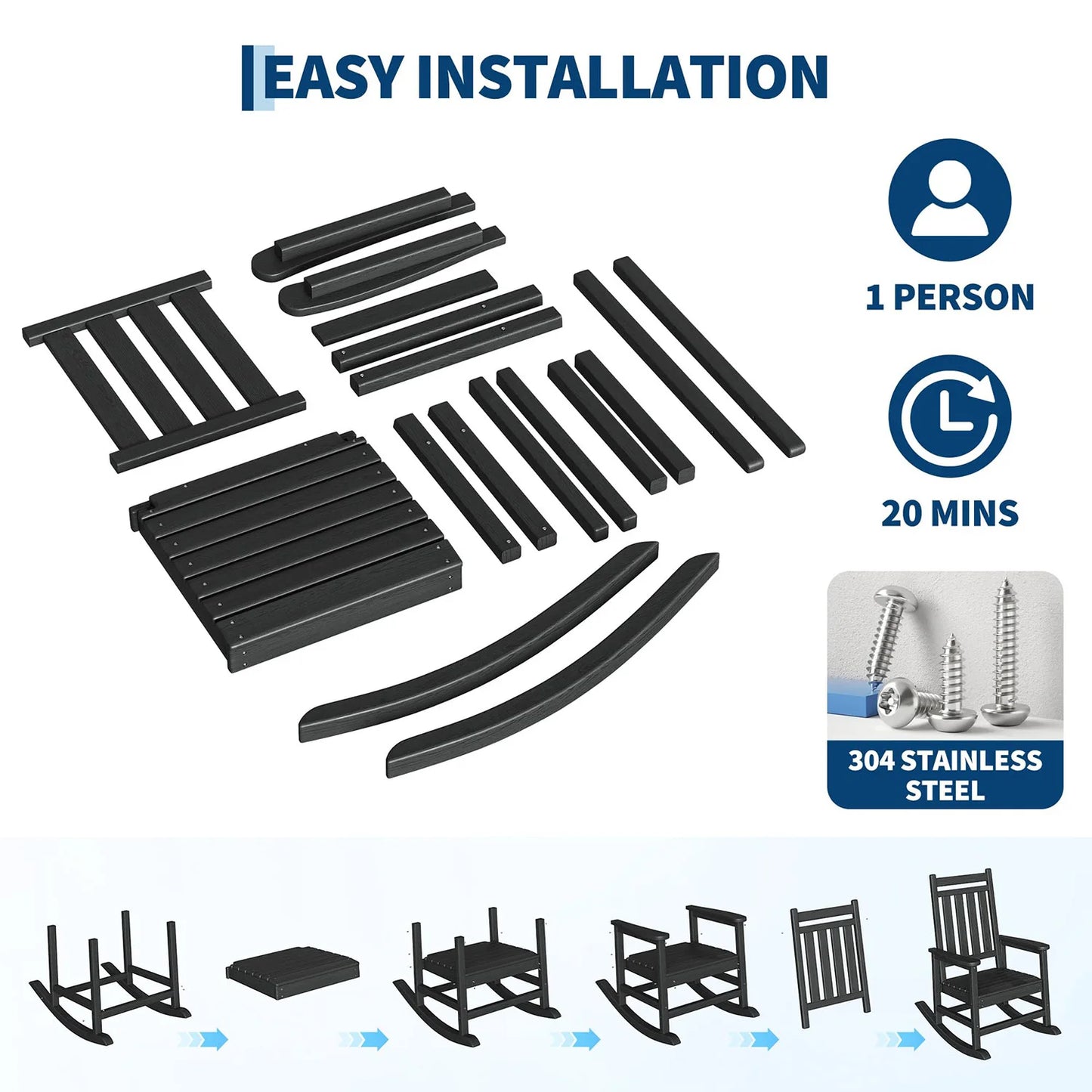 2-Piece Outdoo,r Rocking Chair Set With Side Table,  High-Back Adirondack Porch Rockers, All-Weather Resistant