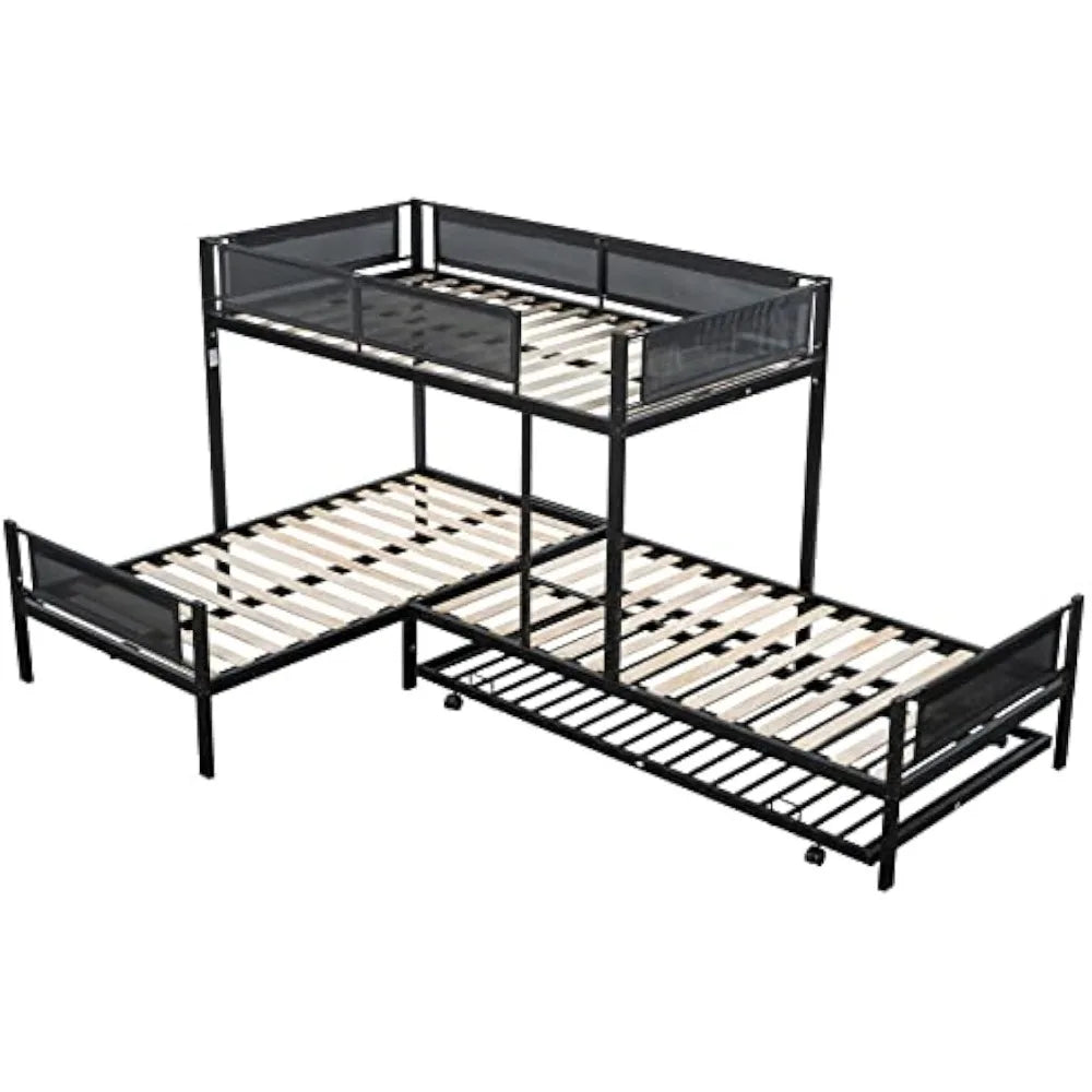 L-Shape Triple Bunk Bed with Trundle, Metal Quad Bunk Beds Twin Over Twin for 4 Kids, Heavy Duty 4 Small Bunkbeds