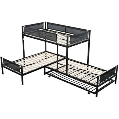 L-Shape Triple Bunk Bed with Trundle, Metal Quad Bunk Beds Twin Over Twin for 4 Kids, Heavy Duty 4 Small Bunkbeds