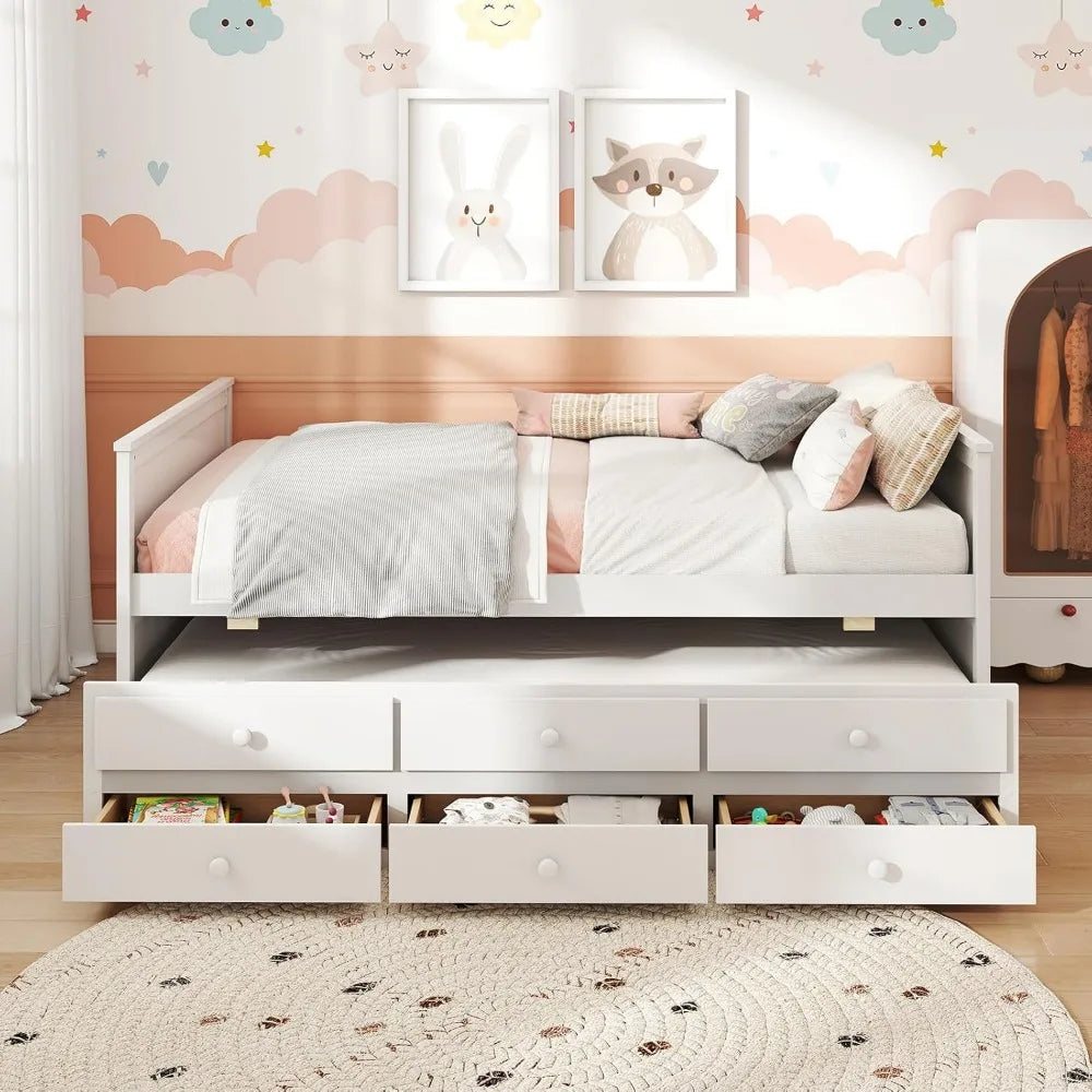 Full Size Bed Frame with Twin Trundle & 3 Storage Drawers, Platform Bed with Headboard & Footboard, Wooden Slats