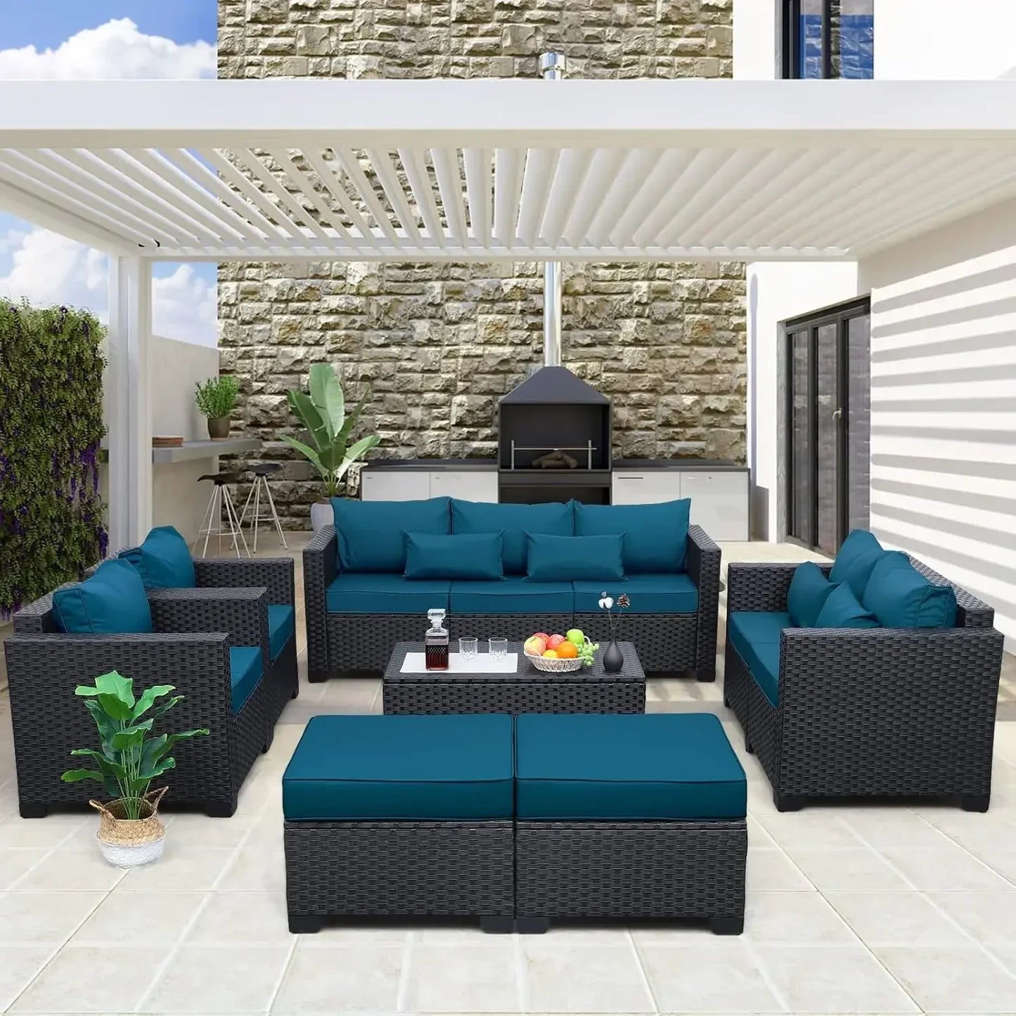 [Best Seller!]Patio Furniture Set 7 Pieces Couch, Outdoor Chairs, Coffee Table, Peacock Blue Anti-Slip Cushions and Waterproof