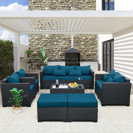 [Best Seller!]Patio Furniture Set 7 Pieces Couch, Outdoor Chairs, Coffee Table, Peacock Blue Anti-Slip Cushions and Waterproof