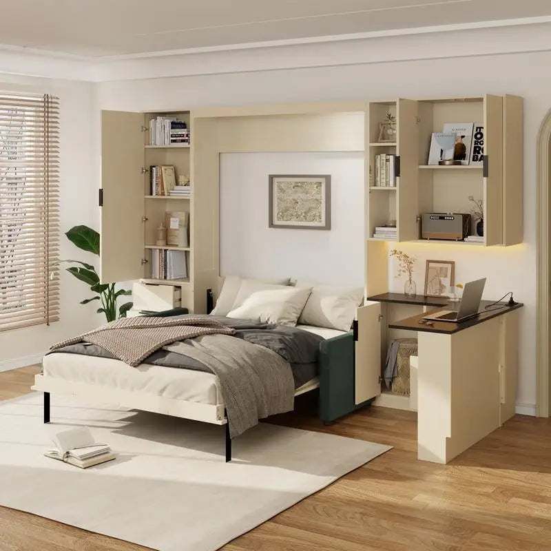 Queen Murphy Bed with Hydraulic, Storage, Sofa, Shelves & Drawers, LED/USB Lights, Beige Panel, Green Couch