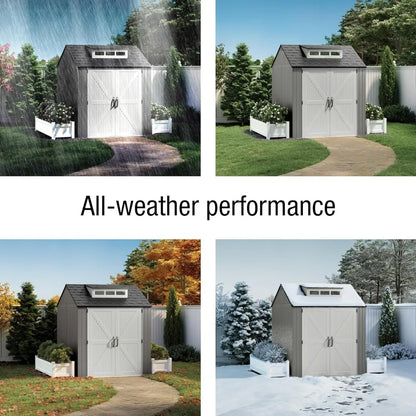 Weatherproof Gray Rubbermaid Resin Storage Shed, 7ft x 7ft, with Floor, for Outdoor Home, Backyard, and Garden Tool Organization