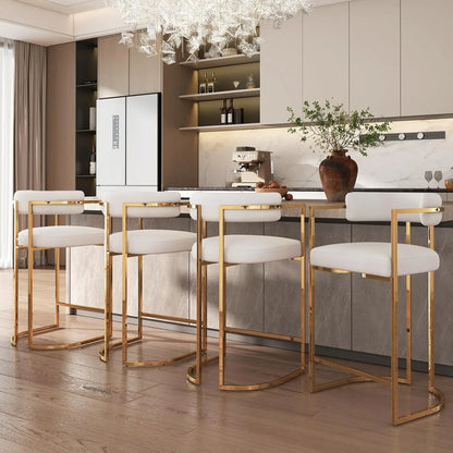 26'' Seat Height Velvet Bar Stools Set of 4, Counter Height, Gold Metal Frame and Footrest, Upholstered Barrel Back