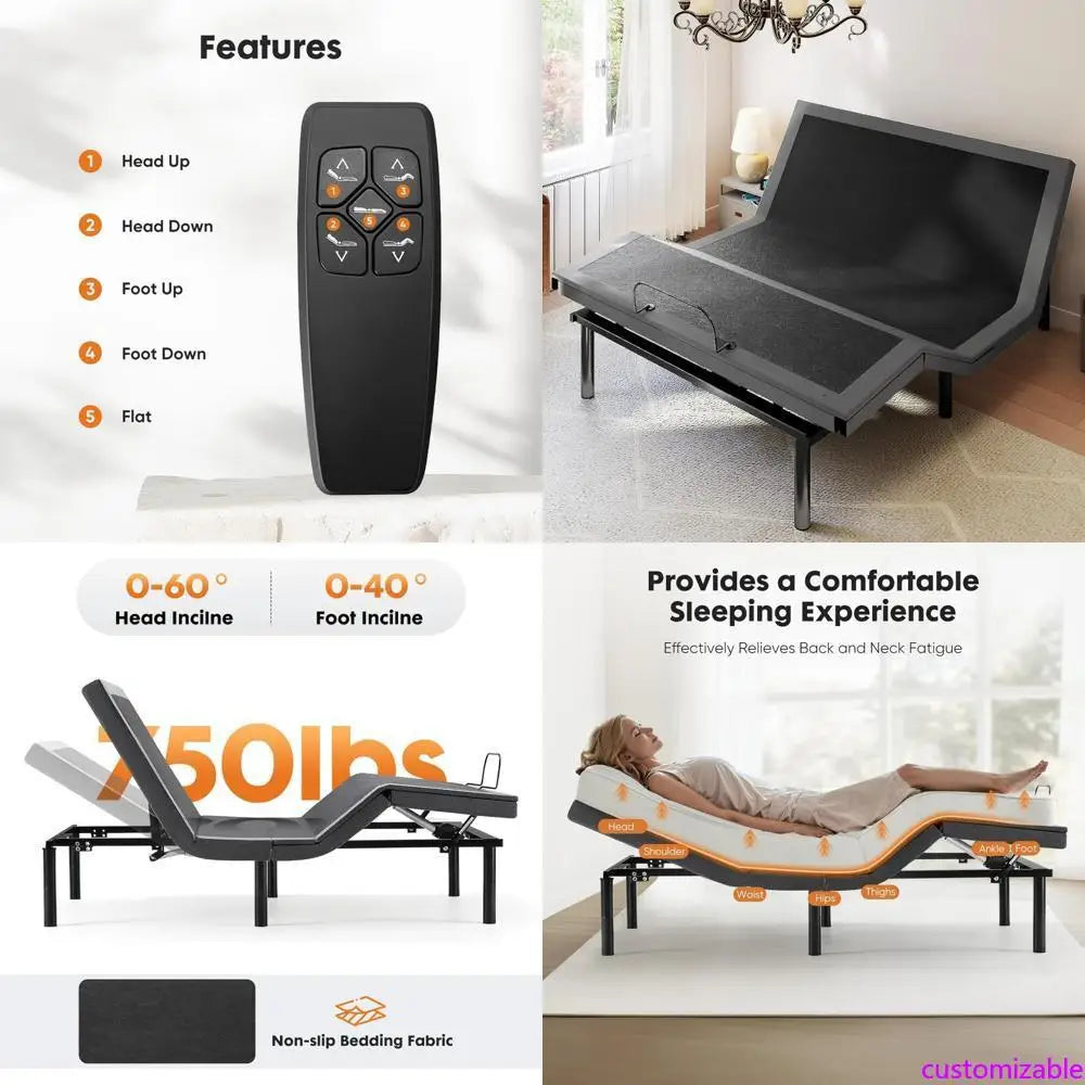 "twin xl ergonomic adjustable bed base with wireless remote, usb charging, and head/foot tilt features"