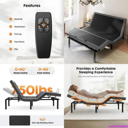 "twin xl ergonomic adjustable bed base with wireless remote, usb charging, and head/foot tilt features"