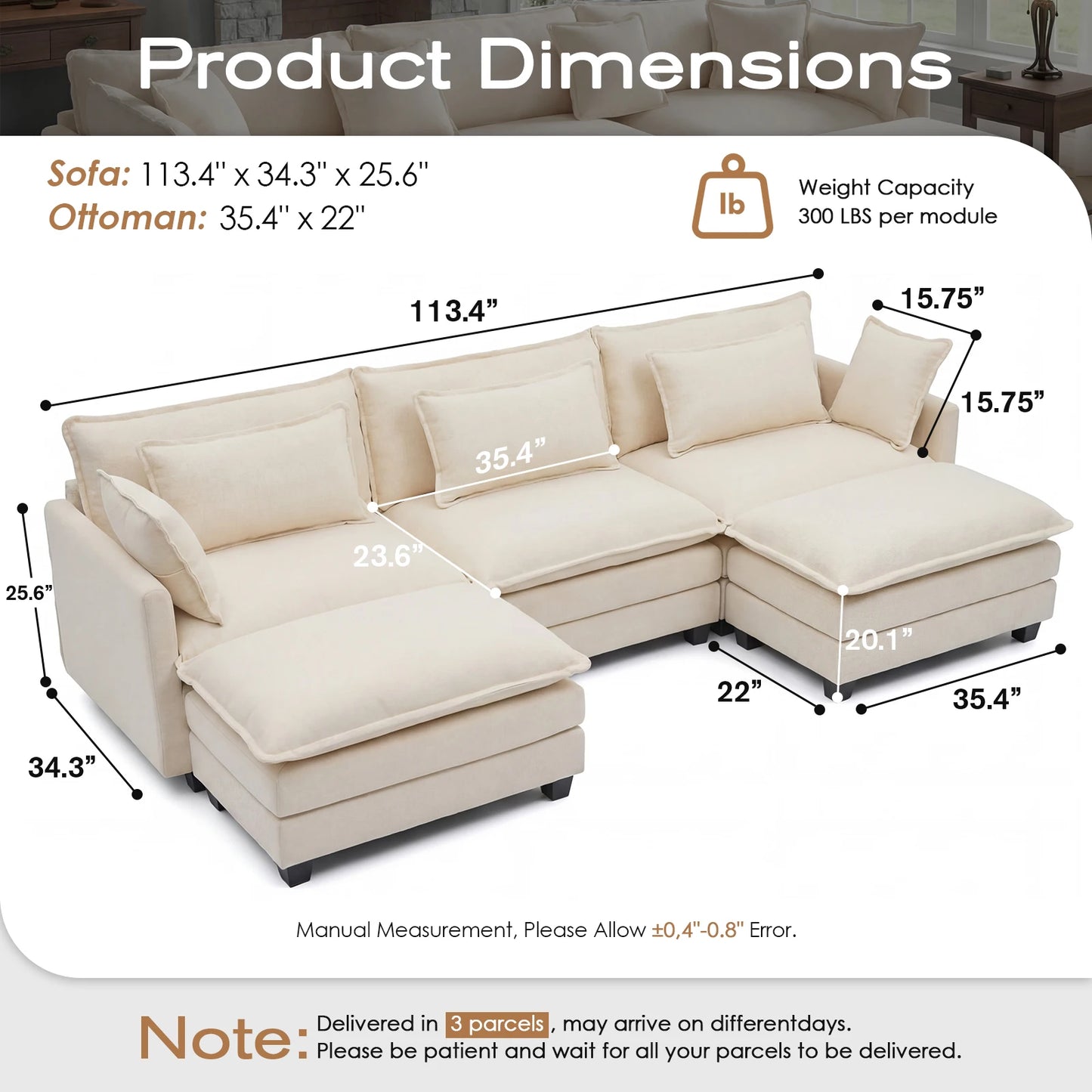 113.4" Modular Sectional Sofa with Ottoman,  Couch with Deep Seat (23.6" D), Solid Wood Frame