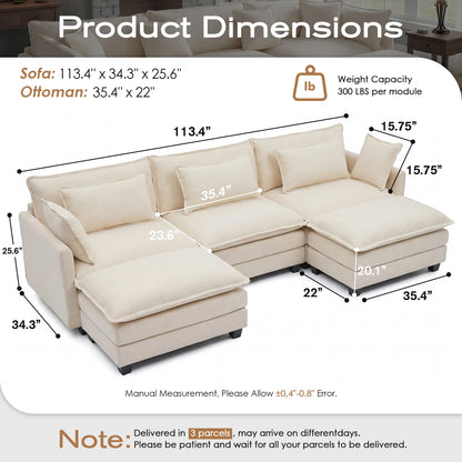 113.4" Modular Sectional Sofa with Ottoman,  Couch with Deep Seat (23.6" D), Solid Wood Frame