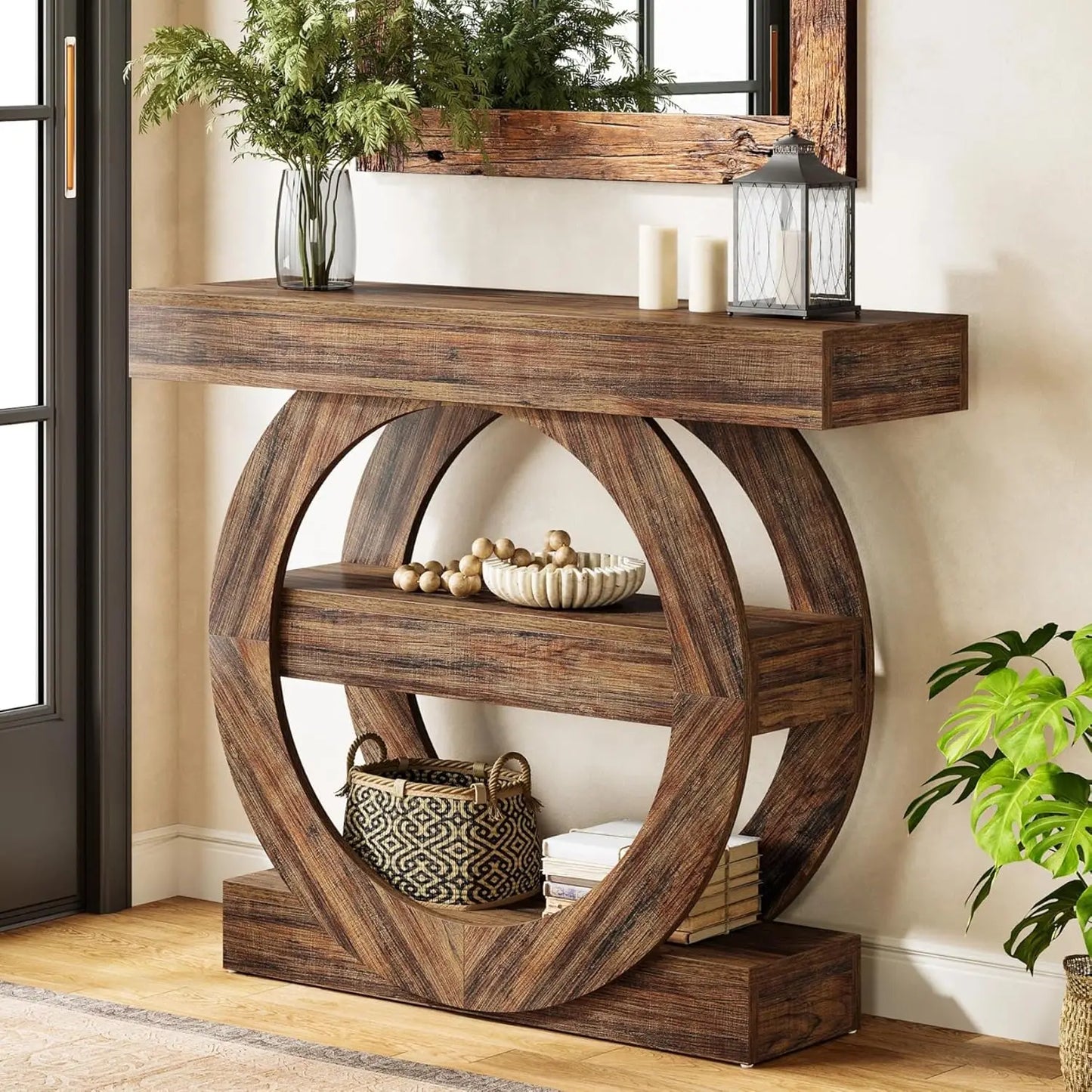 41in 3-Tier Console Table Storage Shelves Farmhouse Rustic Brown