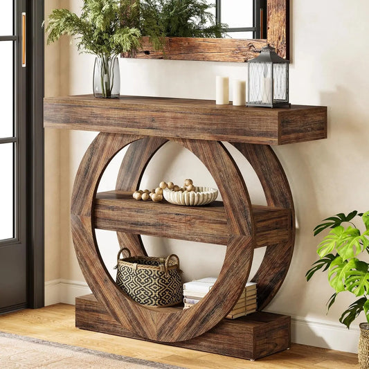 41in 3-Tier Console Table Storage Shelves Farmhouse Rustic Brown