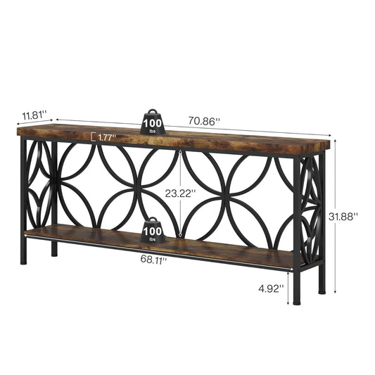 70.9" Narrow 2-Tier Industrial Console Sofa Table with Storage for Entryway Living Room Hallway