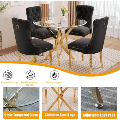 Glass Dining Table Set, 5-Piece Round Tempered Glass Kitchen Table Set with 4 Velvet Upholstered Dining Chairs