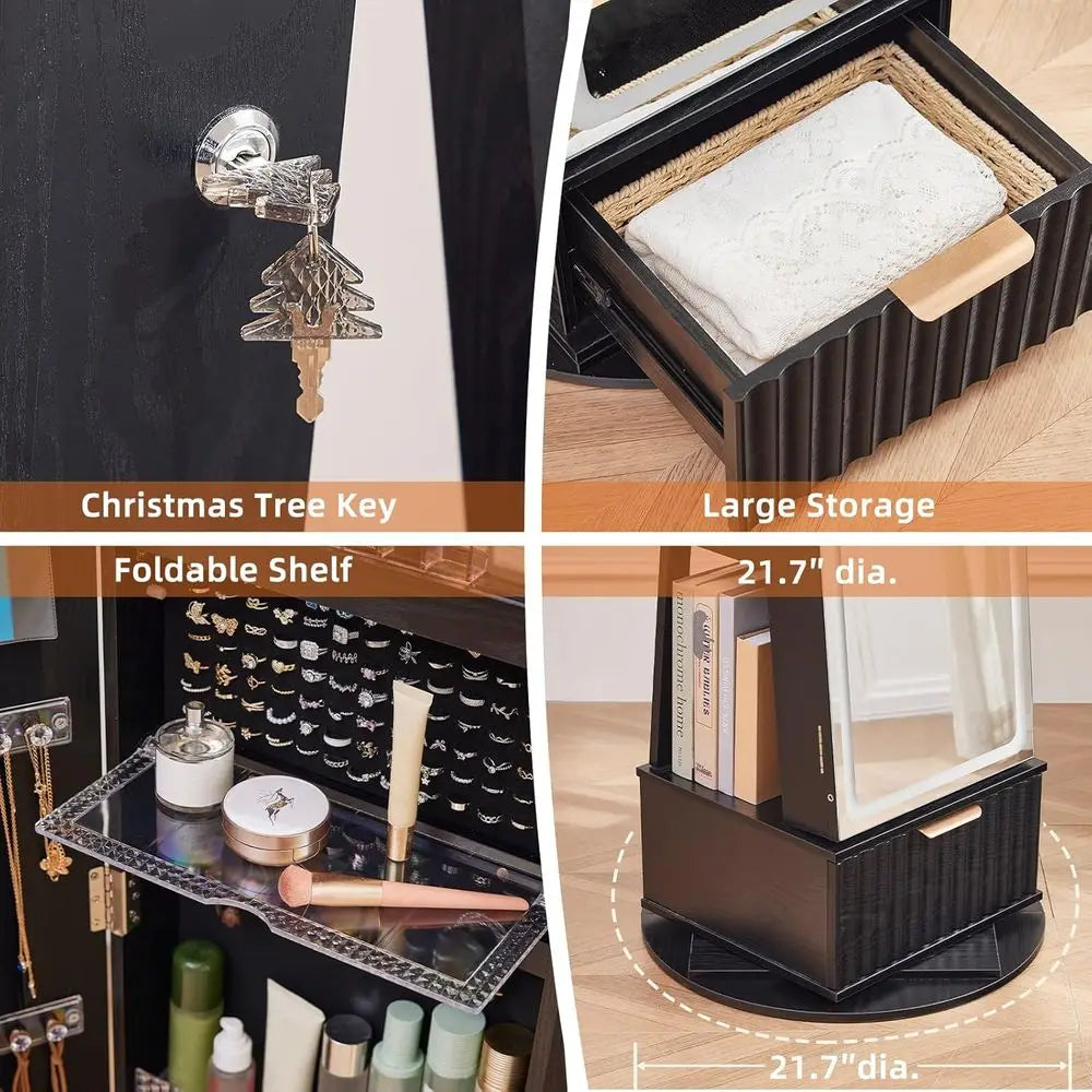 360° Swiveling Lockable Jewelry Cabinet with Mirror, LED Lights, and Storage Drawers