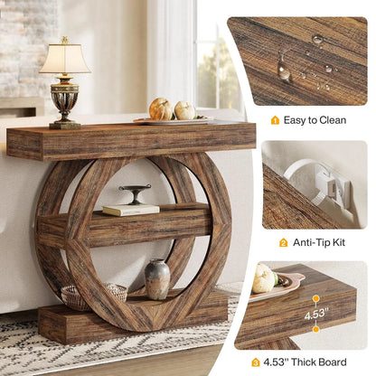 41in 3-Tier Console Table Storage Shelves Farmhouse Rustic Brown