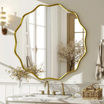 Wavy Round Bathroom Mirror Decorative Wall Mirror with Deep Frame
