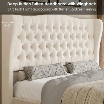 Full Size Platform Bed Frame with Tufted Wingback Headboard, Velvet Upholstered, No Box Spring Needed