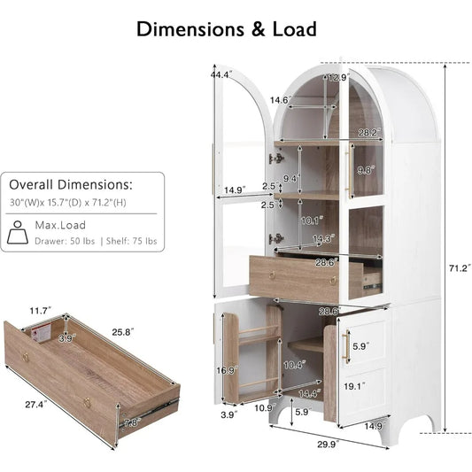 Farmhouse-Style Arched Pantry Cabinet with Glass Doors, Hidden Drawer, and Adjustable Shelves for Kitchen