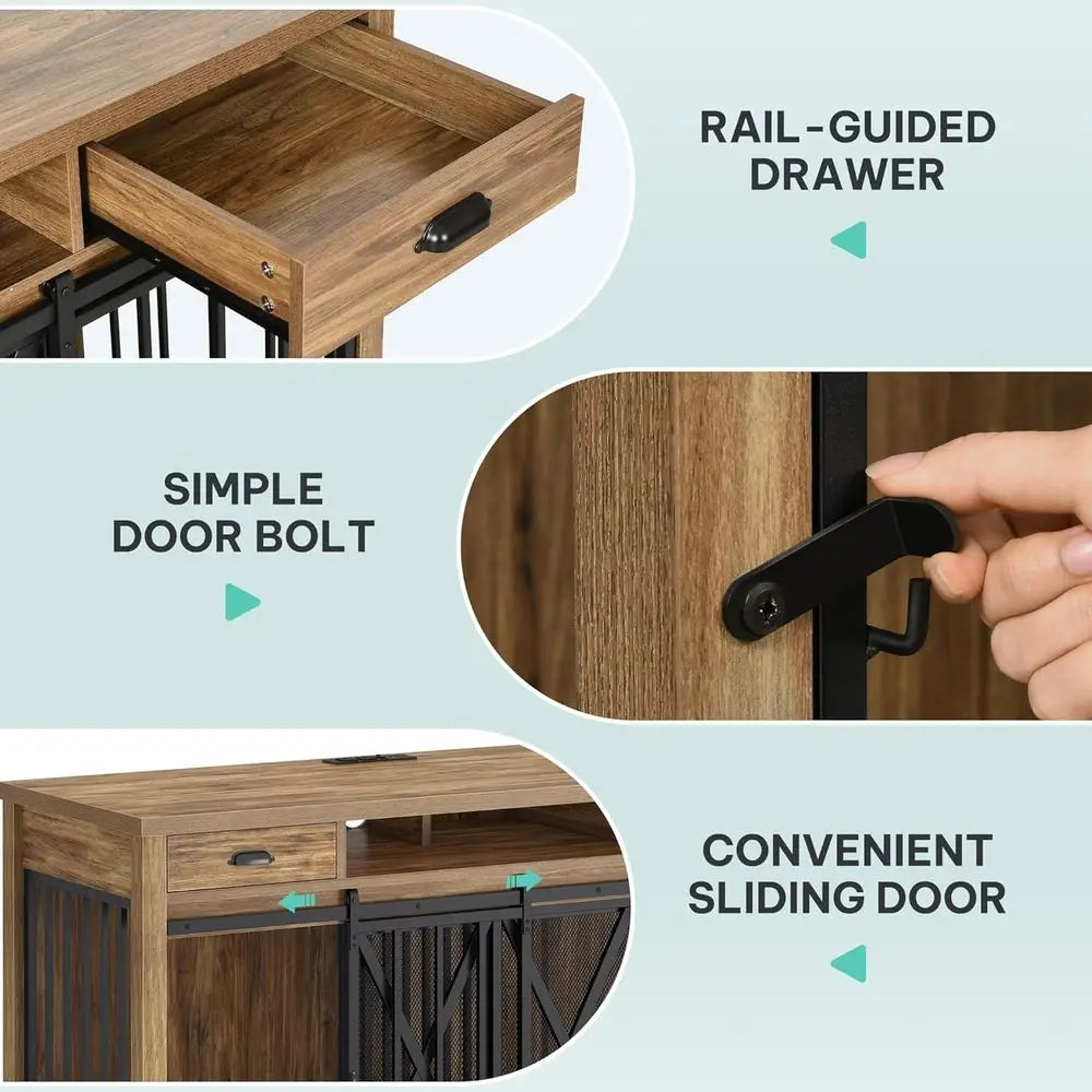 63 Inch Double Dog Crate TV Stand with Charging Station, Heavy Duty Wooden Cage Furniture for 2 Dogs