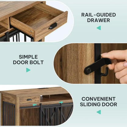 63 Inch Double Dog Crate TV Stand with Charging Station, Heavy Duty Wooden Cage Furniture for 2 Dogs