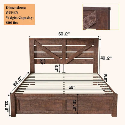 Reclaimed Barnwood Queen Bed Frame with 49.2 Barn Door Headboard, Platform Slat Design, Underbed Storage, Quiet