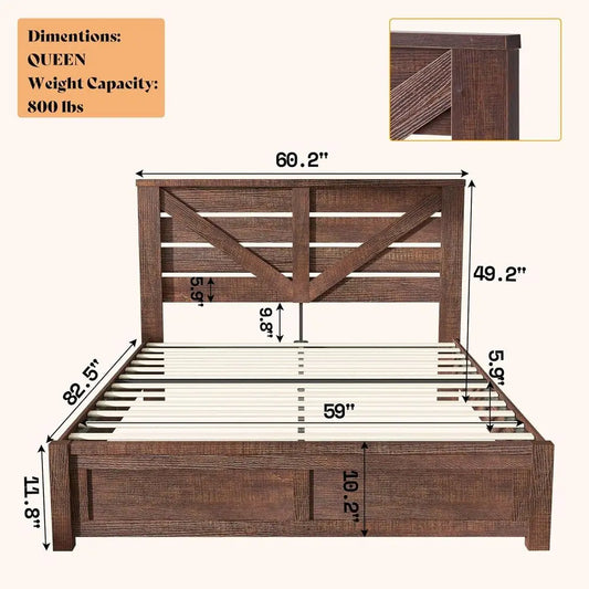 Reclaimed Barnwood Queen Bed Frame with 49.2 Barn Door Headboard, Platform Slat Design, Underbed Storage, Quiet