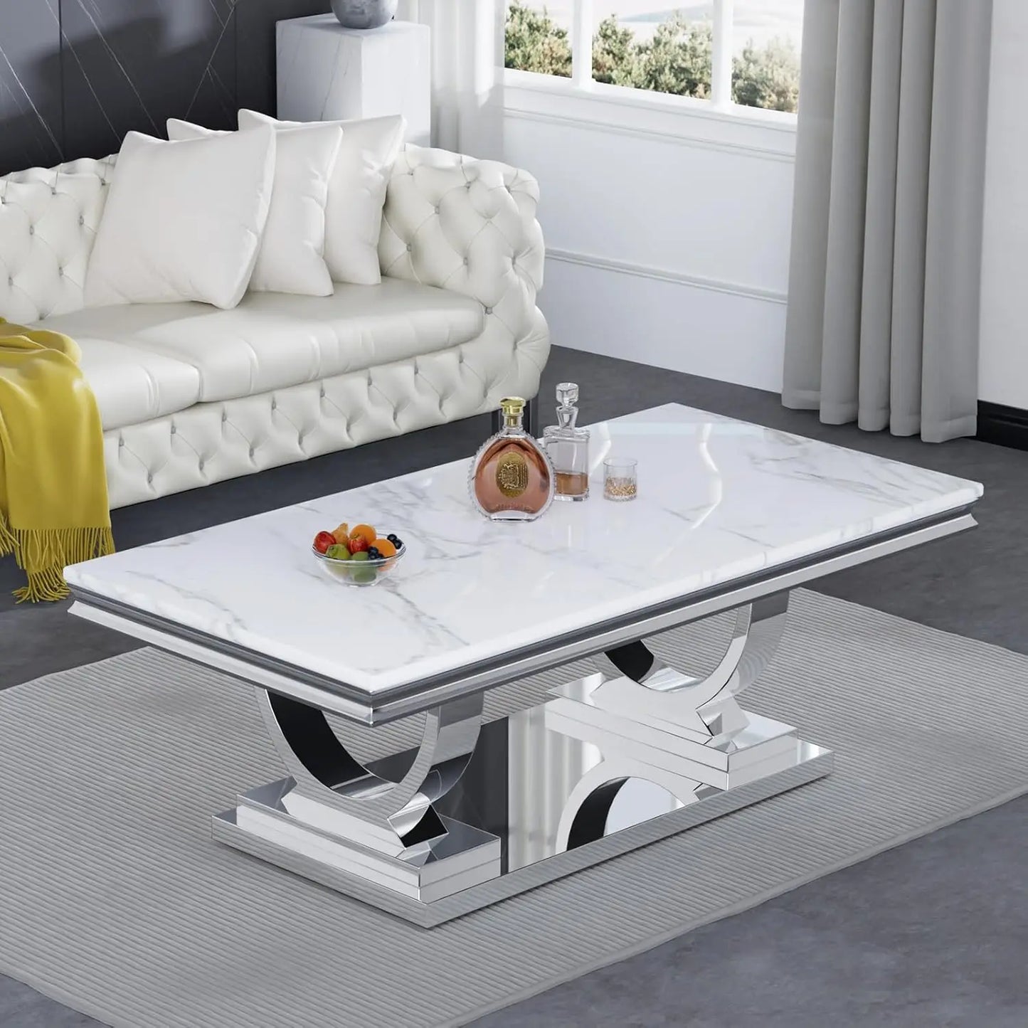 Marble Coffee Table, White and Silver with U-Shape Stainless Steel Base with Silver Mirrored Finish