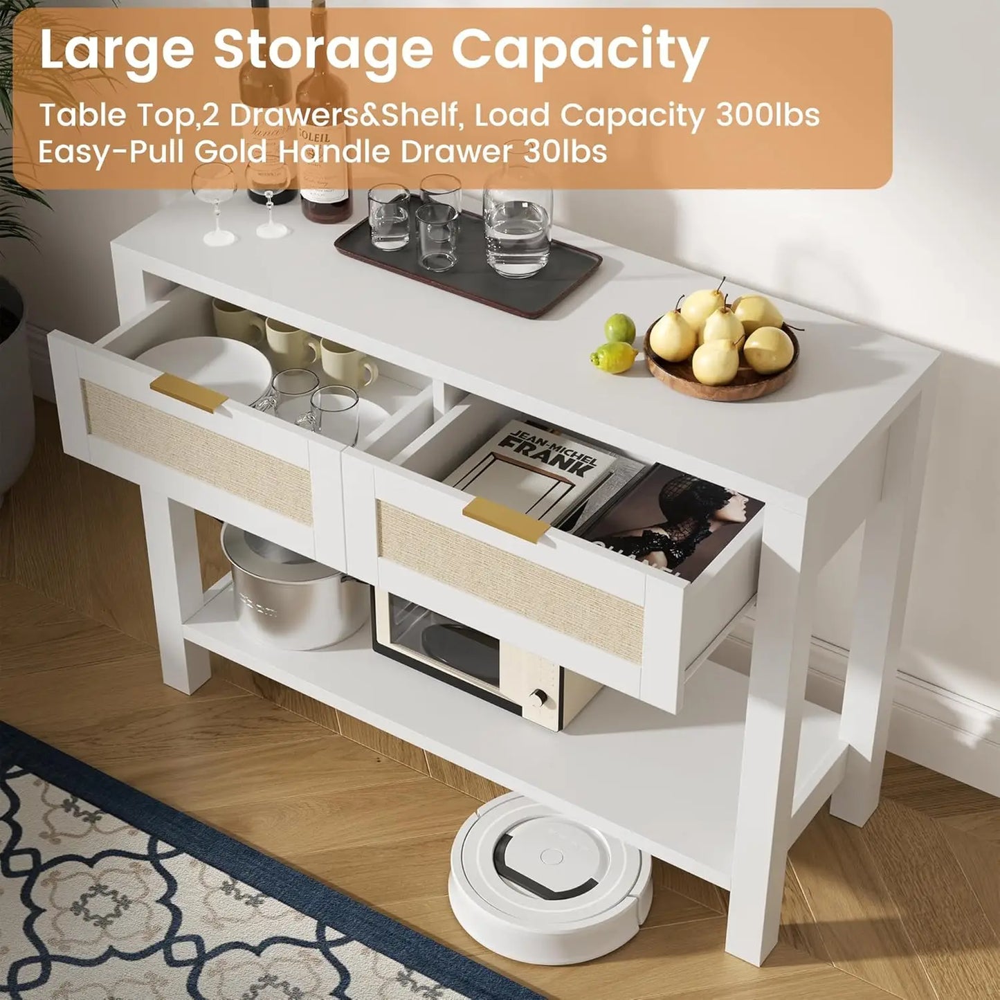 Narrow Console, Table with 2 Rattan Drawers & Open Shelf Storage Entryway, Living Room Hallway, White