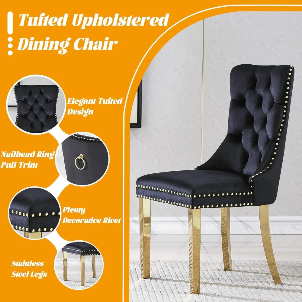 Glass Dining Table Set, 5-Piece Round Tempered Glass Kitchen Table Set with 4 Velvet Upholstered Dining Chairs