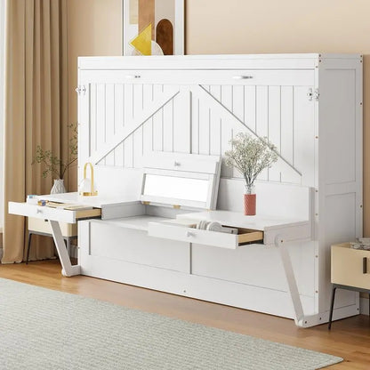 Queen Size Murphy Bed with Storage, Foldable Cabinet Bed with Desk, Center Mirror & 2 Side Drawers, White Finish