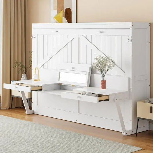 Queen Size Murphy Bed with Storage, Foldable Cabinet Bed with Desk, Center Mirror & 2 Side Drawers, White Finish