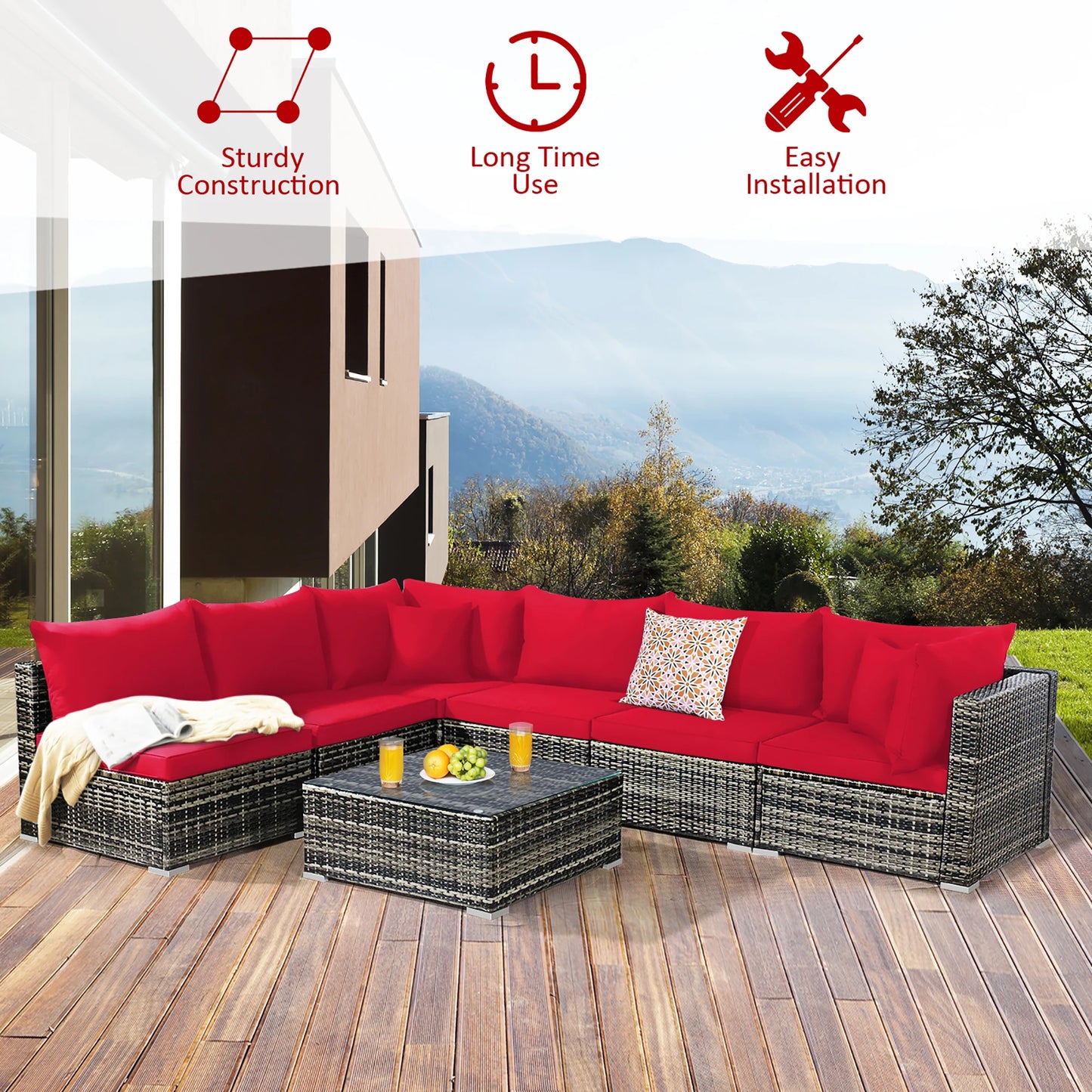 7PCS Patio, Rattan Furniture Set Sectional Sofa,  Red Cushion