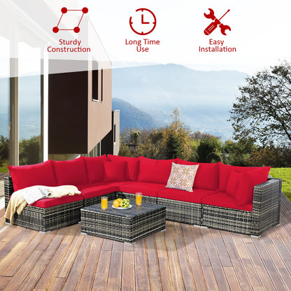 7PCS Patio, Rattan Furniture Set Sectional Sofa,  Red Cushion
