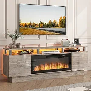 Fireplace TV Stand with 36" Electric Fireplace, 70" LED Light Entertainment Center with Storage,2 Tier Modern Wood Media TV Console