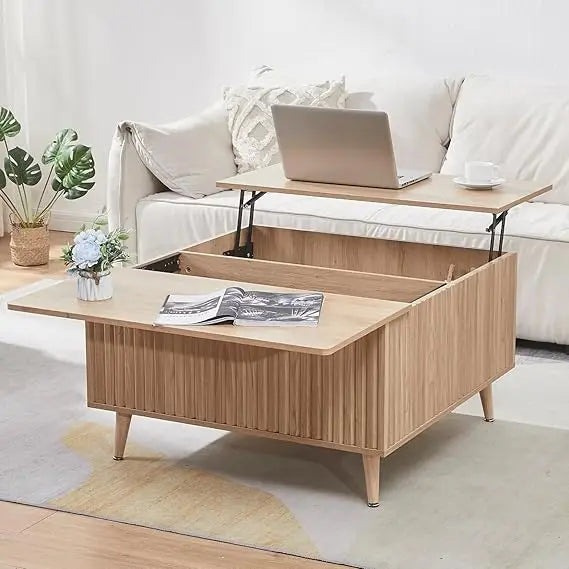 Square Coffee Table, 35” Lift Top Coffee Table with Storage, Fluted Coffee Tables with Lifting Top