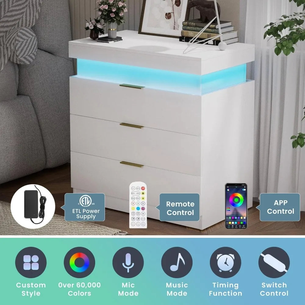 30.5''H Tall White Nightstand with LED Light, Large Night Stand with 3 Drawer & Sliding Top Bedside Table