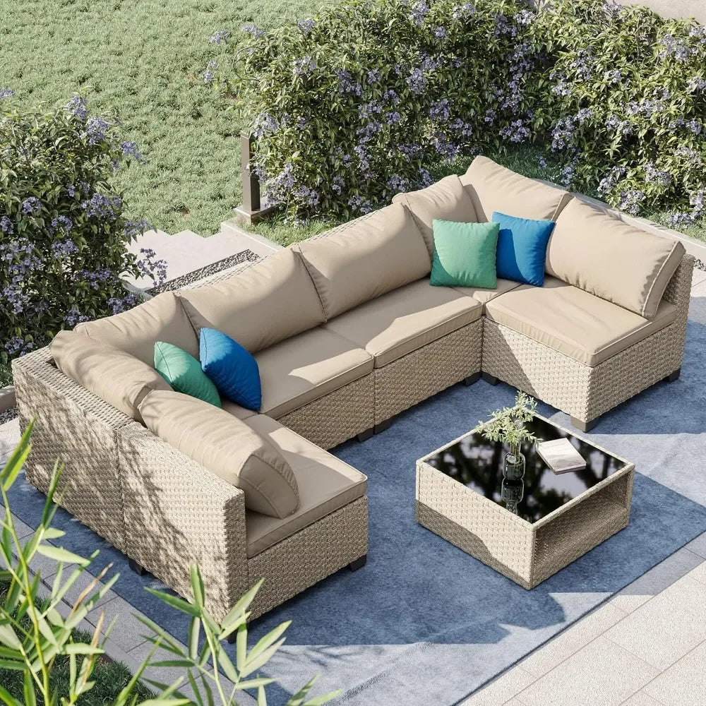 Furniture Set 7-Piece, All-Weather Outdoor Conversation Set Sectional Sofa with Water Resistant Grey Thick Cushions and Coffee Table
