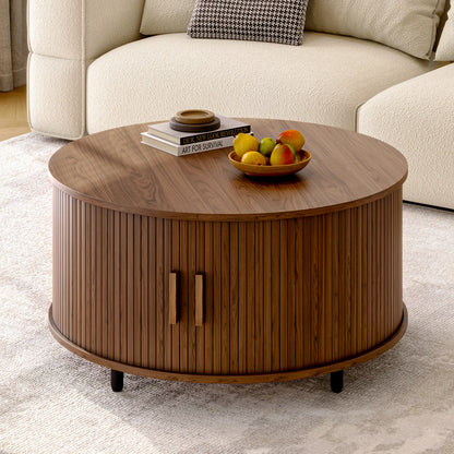 Round Coffee Table with Storage,31.5" Modern Coffee Table with Coffee Table with Sliding Doors
