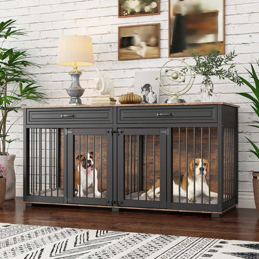 Large Wooden Dog Crate with Drawers and Divider, 64.6 Inch Indoor Double Room Dog Kennel
