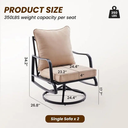 5-Pc Outdoor Patio Furniture Set: 2 Swivel Chairs, 3-Seat Sofa, 2-Seat Sofa, Coffee Table, Metal, for Porch,