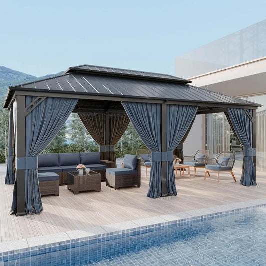 Metal Gazebo with Double Roof and Galvanized Steel, Outdoor Canopy with Curtains and Netting