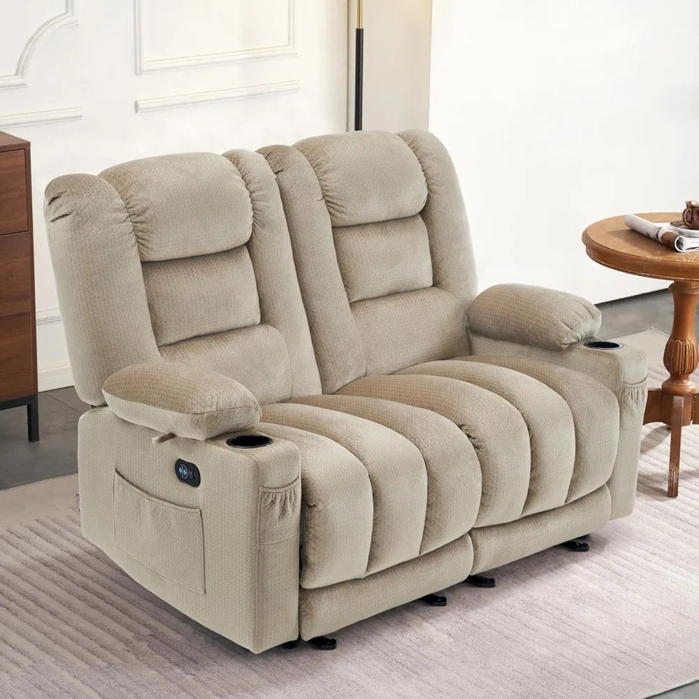 55.9" Power Loveseat Recliner with Heat and Vibration, Fabric Electric Loveseat Recliner, USB Charge Port, Cup Holders