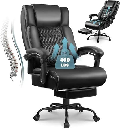Big and Tall Office Chair with Foot Rest 400lbs, Heavy Duty Executive Leather Office Chair for Heavy People, Comfy High Back