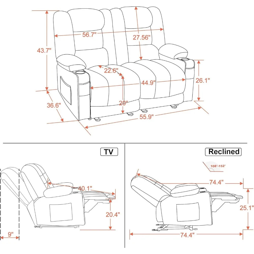 55.9" Power Loveseat Recliner with Heat and Vibration, Fabric Electric Loveseat Recliner, USB Charge Port, Cup Holders