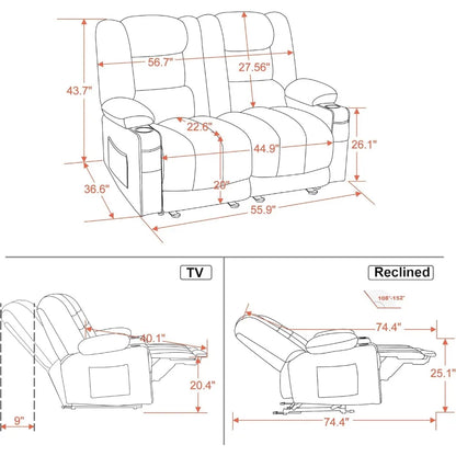 55.9" Power Loveseat Recliner with Heat and Vibration, Fabric Electric Loveseat Recliner, USB Charge Port, Cup Holders
