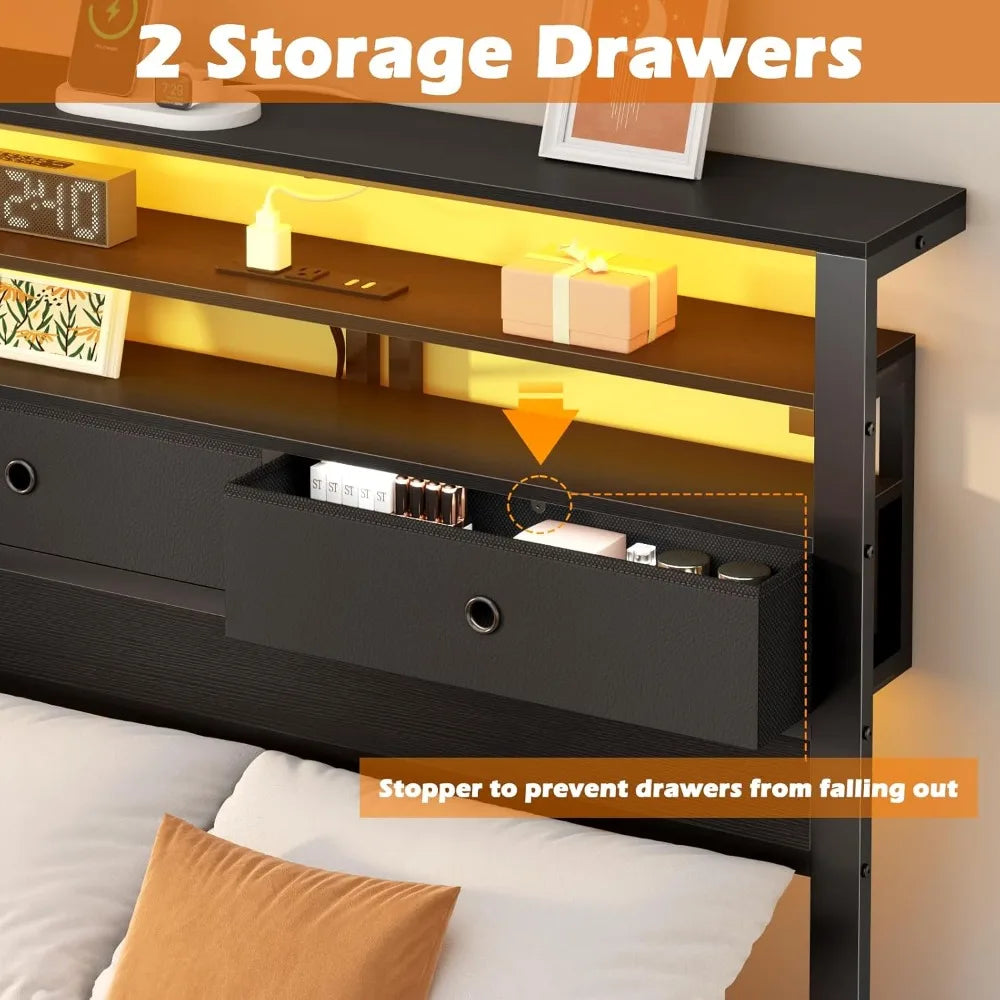 Bed Frames with Charging Station and LED Lights, Wood Headboard with 2 Fabric Drawers and Storage Shelves,,